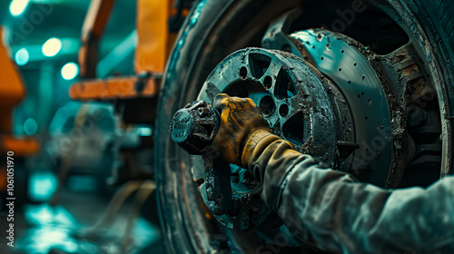 Mechanic Removing Car Tire: A close-up of a mechanic removing a tire from a car wheel disc, highlighting the repair process.