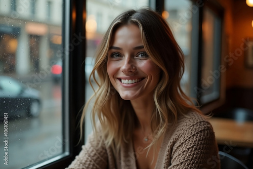 Una donna graziosa con un sorriso accattivante siede in un caffè accanto a una finestra piovosa. La luce soffusa illumina i suoi lineamenti delicati e capelli mossi, creando un'atmosfera intima.