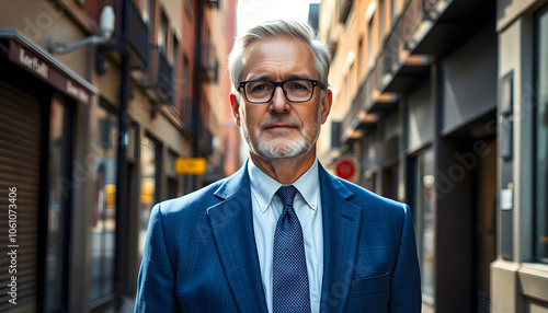 Street full length portrait of middle aged man wearing blue suit isolated with white highlights, png