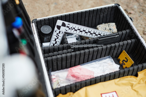 Top view background image of toolkit case and equipment of police and forensic scientists working at crime scene, copy space