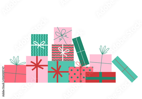 Happy birthday. Merry Christmas. Gifts with bows and ribbons. Stack of colorful present gift boxes. Set of wrapped gift boxes isolated on background. Sale and shopping