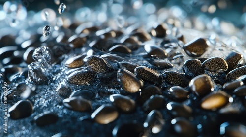 A close-up image capturing the reflections and shadows on pebbles as water drops fall upon them.