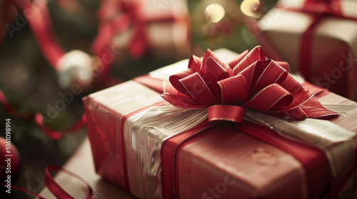 The Christmas gifts are in red kraft paper, bound with twine, and embellished with pine branches. Close-up.