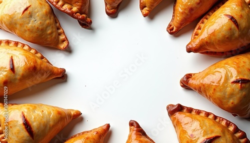 Circular copy space in the middle, surrounded with hand pies empanadas, samosas, and Cornish pasties