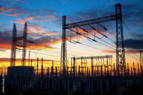 High Voltage Transmission Tower at Sunset