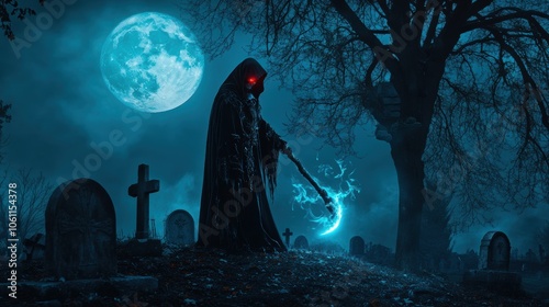 Grim reaper with scythe in graveyard. Halloween theme poster.