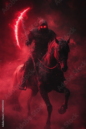 Grim reaper with scythe riding a horse. Fire, smoke. Halloween theme poster.