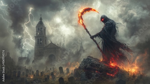 Grim reaper with scythe in graveyard. Halloween theme poster.