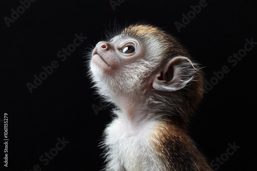 the beside view baby Tamarin primate standing, left side view, low angle, white copy space on right, Isolated on black Background