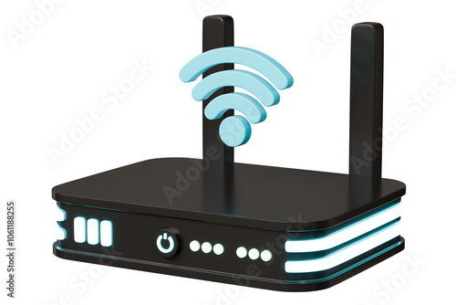 3D Realistic Wireless Internet Router with antennas icon. Minimal Cartoon digital wireless modem hotspot on isolated white background Wi-Fi hotspot zone. Wireless Modem for 4G or 5G concept. 3D Render