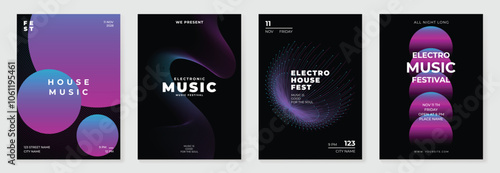 Music poster design background vector set. Electro Sound Cover template with vibrant abstract gradient geometric shape and line wave. Ideal design for social media, flyer, party, music festival, club.