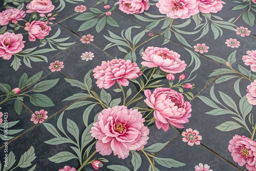 Pink Peony Oriental Textile Pattern Aerial Photography