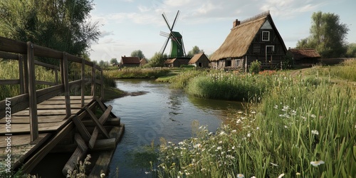 Peaceful countryside view featuring a wooden bridge, windmill, and charming thatched cottages surrounded by lush greenery and flowers under a serene sky.