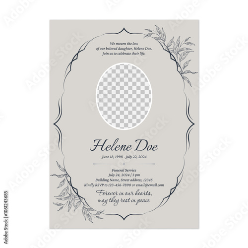 Floral funeral invitation template features a vintage dark gray floral frame encircling a circular photo placeholder on a light gray background conveying a sense of respect and solemnity