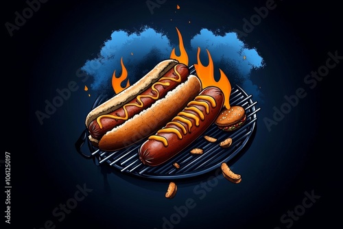 Retro-inspired drawing of grilled hot dogs and burgers on a backyard grill, capturing the warm, nostalgic appeal of family cookouts, symbolizing comfort and simplicity