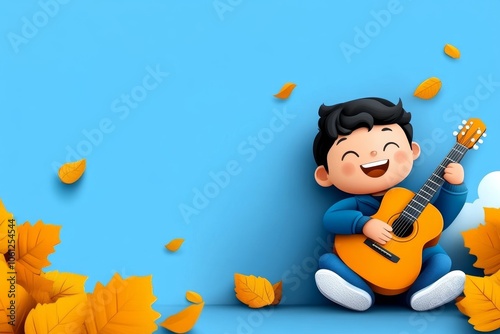 a 2D cartoon illustration of a folk singer playing guitar under open sky soulful and breezy white background