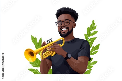 a 2D cartoon illustration of a jazz trumpeter performing on a street corner fun and brassy white background