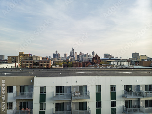 View of downtown detroit skyline at dusk taken from the SOMA parking garage rooftop