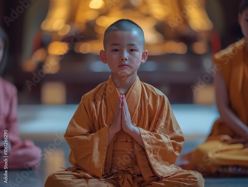 Young Buddhist Monk in Orange Robes Practicing Meditation in Temple