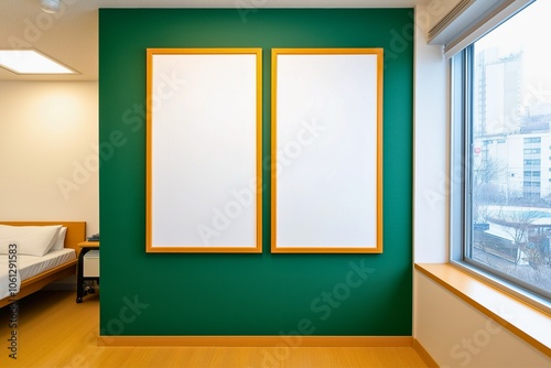 A modern room featuring two blank, gold-framed canvases on a vibrant green wall, wooden floor, and a large window offering a scenic view of a cityscape.