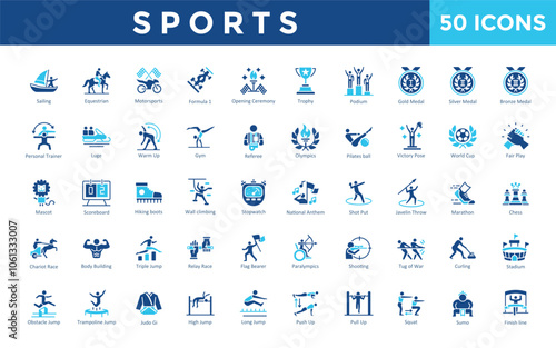 Sports icon set with sailing, equestrian, motorsports, formula 1, opening, ceremony, trophy, podium, gold medal, silver medal , bronze medal icon. Simple flat vector 