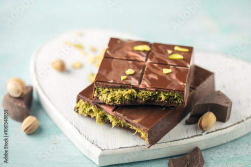 Dubai chocolate with green kataifi and pistachio paste. Trend dessert