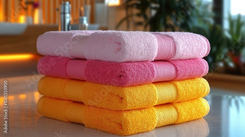 Stack of colorful terrycloth towels in modern bathroom setting