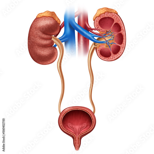 Urinary tract human body anatomy system for producing storing and eliminating urine with the kidneys ureters bladder and the urethra to remove waste from the blood.