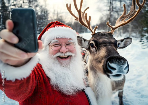 lachender Weihnachtsmann mach Selfie mit seinen Rentieren