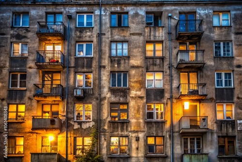 Old Concrete Apartment Building with Many Windows, Urban Architecture, Historical Structure, Cityscape, Residential Design, Vintage Style 