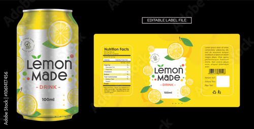 Lemon drink label design, lemon juice soft drink label design. Soda can vector Energy drink label design. Fruit juice label template design