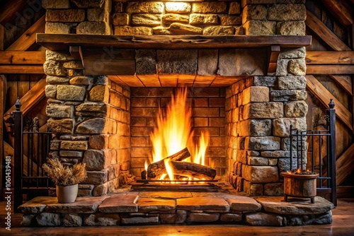 A roaring fire crackles in a stone fireplace with dark wood beams, fireplace mantel, cozy ambiance, rustic charm