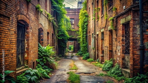 Distressed urban alleyway with crumbling brick walls and overgrown vegetation, rusty metal, disrepair, urban decay