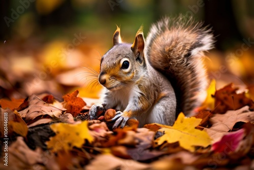 squirrel burying a nut in autumn leavesa squirrel burying a nut