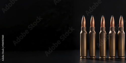 Close-up image of a bullets with isolated on a dark background All five bullets in a row No.005