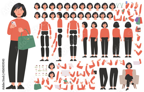 Asian woman character constructor. Cute business girl. Set of hands legs body and head positions for creating animation