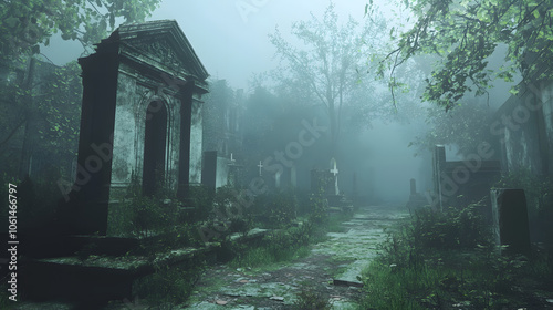 A misty cemetery with an abandoned crypt and overgrown paths.