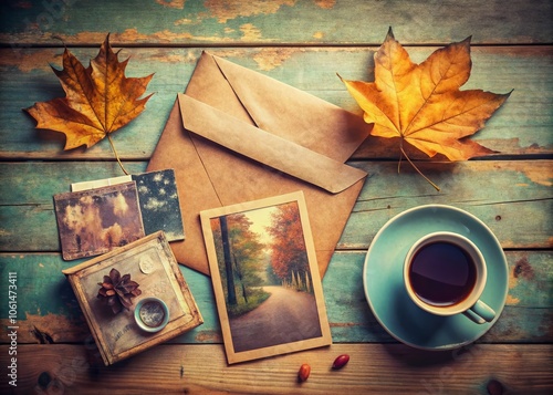 Retro Envelope, Postcard, and Open Book Silhouette with Coffee Stain and Dry Leaf for Nostalgic Vintage Aesthetic