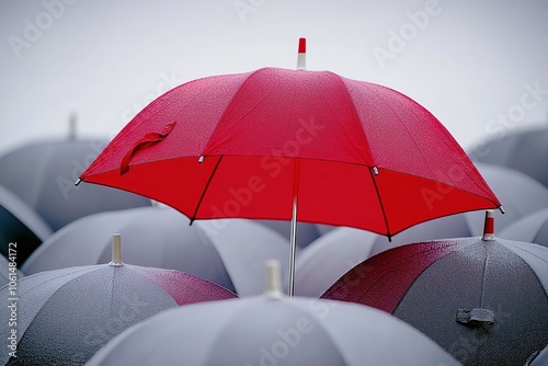 Red umbrella standing out in crowd of gray ones