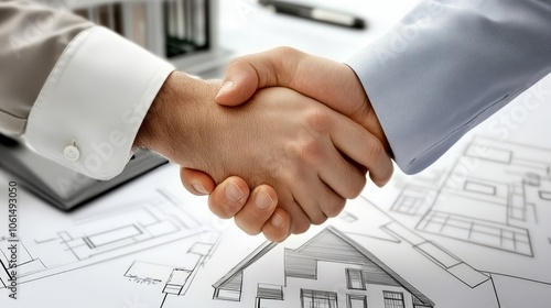 Collaborative partnership symbolized by handshake over blueprint, joint venture for project success in architecture, engineering, and construction