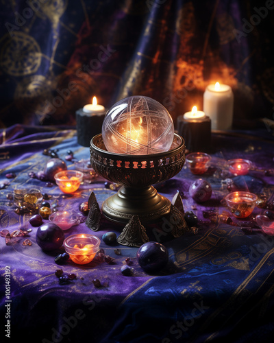 Mystical crystal ball glowing softly on a velvet cloth, surrounded by tarot cards and incense smoke, evoking a sense of mystery and divination