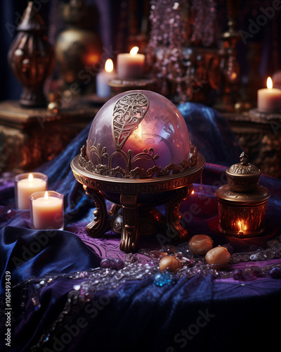 Mystical crystal ball glowing softly on a velvet cloth, surrounded by tarot cards and incense smoke, evoking a sense of mystery and divination