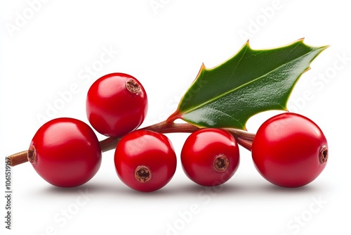 Bunch of red berries with a green leaf on top. The berries are arranged in a row and the leaf is on the right side