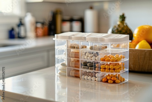 A daily vitamin organizer with capsules neatly arranged for each day of the week sits on a clean kitchen counter, illustrating the importance of consistency in maintaining a health routine