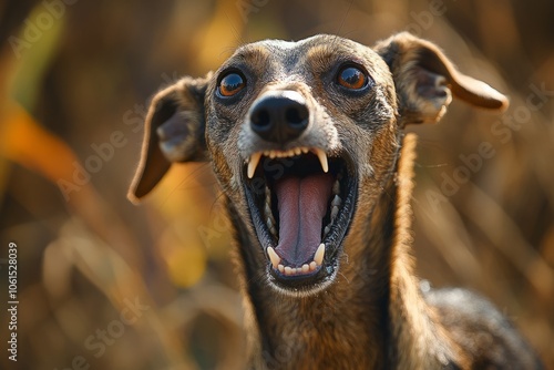 Aggressive dog baring teeth and growling outdoors