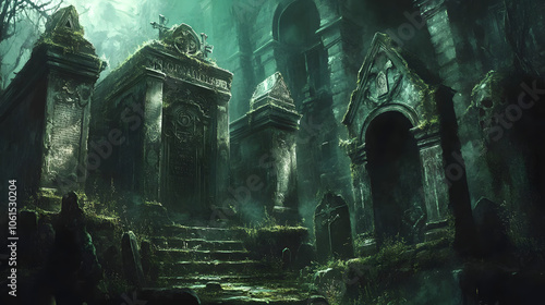 A shadowy graveyard with an ominous crypt and strange carvings on the walls.