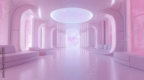 Futuristic Interdimensional Translator Training Academy with Advanced Holographic Displays and Sleek Retrofuturistic Interior