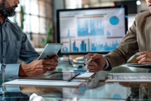 A startup ceo and an investor are negotiating funding terms over a sleek glass table. the futuristic office features a digital screen displaying financial projections