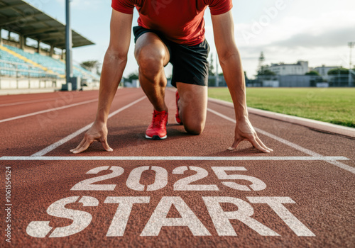 Athlete preparing to sprint at a track and field event in 2025 with a clear start line visible in the background during daylight hours