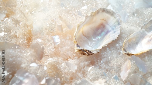 Iridescent crushed oyster shell powder burst with mother-of-pearl fragments: Luxurious digital background for cosmetics and marine skincare. High-resolution coastal textures.